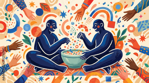 Schilderij op canvas Two blue men sitting crosslegged with a bowl of colorful objects