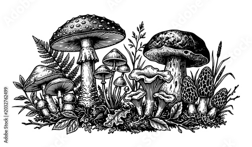 Canvastavla Vintage Forest Mushroom Botanical Engraving Illustration Collection