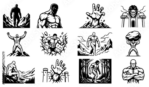 Tableau sur toile Colossal Titan Fantasy Clipart Bundle, 12 Black and White Vector Illustrations o