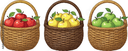 Fotografie Fresh red yellow and green apples inside woven wicker baskets organic autumn har