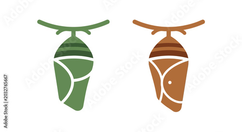 Flat Vector Illustration of Butterfly Chrysalis or Pupa Icons Set