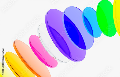 Abstract colorful translucent glass discs on white background. 3d rendering