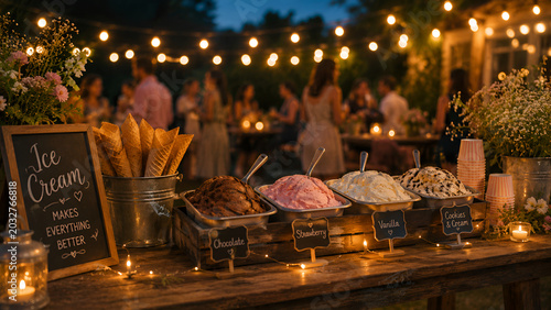 Outdoor Ice Cream Bar at Elegant Summer Garden Party with String Lights Guests and Assorted Dessert Flavors for Wedding Celebration Catering