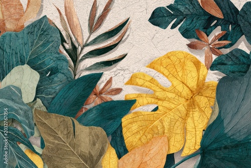 Vibrant Tropical Leaves on White Textured Background; Natural Art