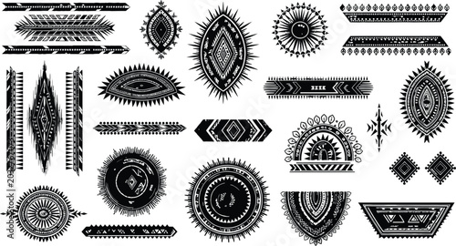 Fotografie Black silhouette vector set of ethnic tribal ornaments featuring geometric boho