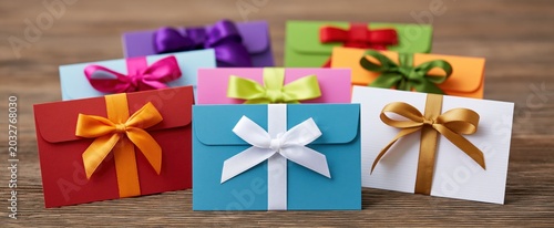 Colorful gift cards with festive ribbons on a wooden table for holiday shopping and gift giving.