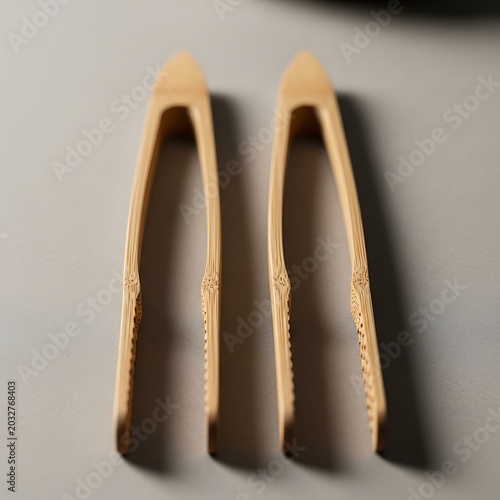 Two pairs of eco-friendly bamboo kitchen tongs on gray background
