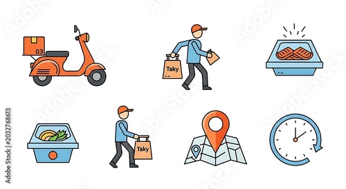 Tableau sur toile Delivery services with food and packages being transported on scooter and by foo