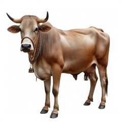 Brown cow with a decorative rope halter and a small metal bell standing calmly in a studio photo capturing the gentle features and muscular build of this beautiful domestic animal