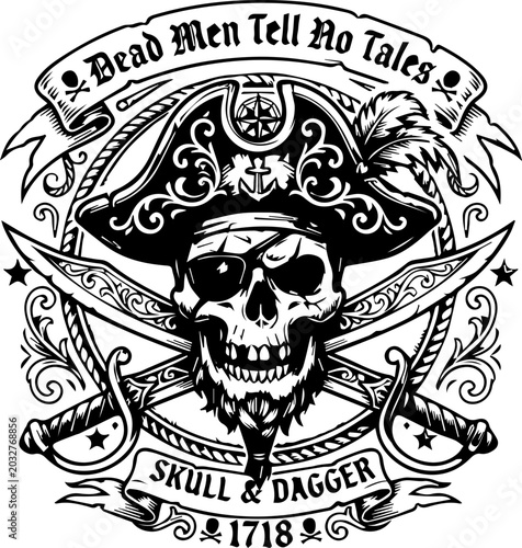 Fotografie Pirate Skull Illustration with Swords and Banner
