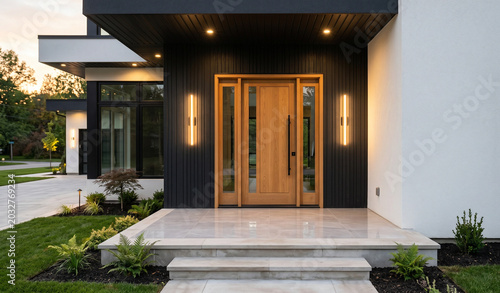 Ultra-realistic modern house entrance exterior, contemporary luxury home facade, large wooden double front door with vertical glass panels, 