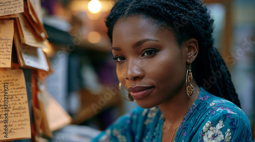 Young Haitian-American woman standing at a community library microfiche station researching her great-grandmother's immigration records from the 1950s, handwritten notes accumulating beside her as s