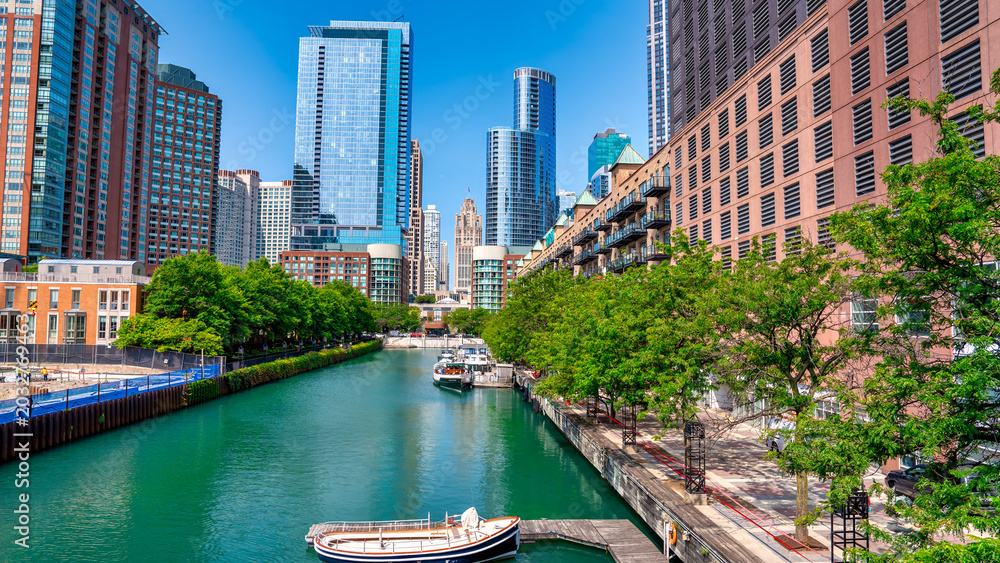 Fototapeta premium Buildings and Skyscrapers along the river in Downtown Chicago