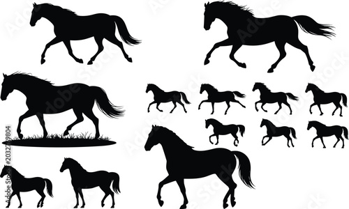 Quadro em tela Horse Silhouette Collection with Running Walking and Standing Equine Animal Vect