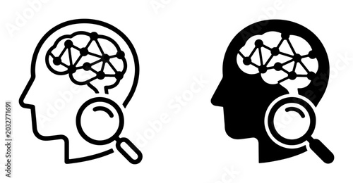 Foto Human Head Silhouette with Brain Network and Magnifying Glass Icons, Psychology