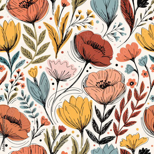 Printable Seamless Pattern, Floral pattern seamless background. Foliage and flower wallpaper