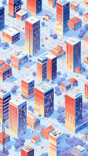 Isometric View of Modern Business District with Tall Skyscrapers and Blue and Orange Color Palette