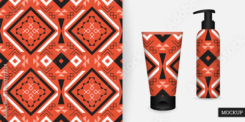 Seamless geometric pattern in ethnic style with orange, black and white elements. Vector illustration with triangles, diamonds and squares. A abstract background for textiles, packaging designs.