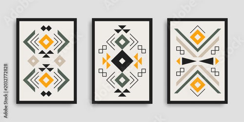 A set of vector posters in boho and ethnic styles with geometric elements. Modern wall art for interiors, minimalist decor for living rooms, bedrooms, and offices.