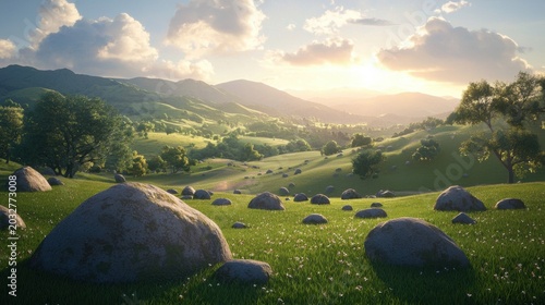 A serene landscape of rolling green hills, a clear blue sky, and a warm glow from the setting sun.