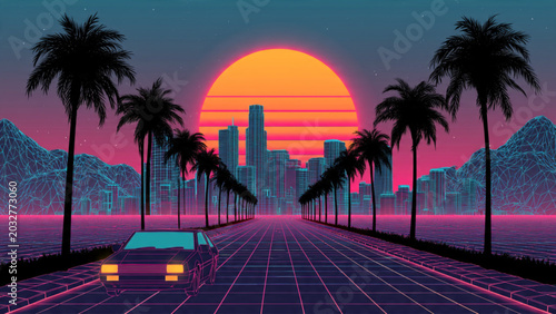 Vivid retro sunset over futuristic cityscape with neon palm trees and grid road