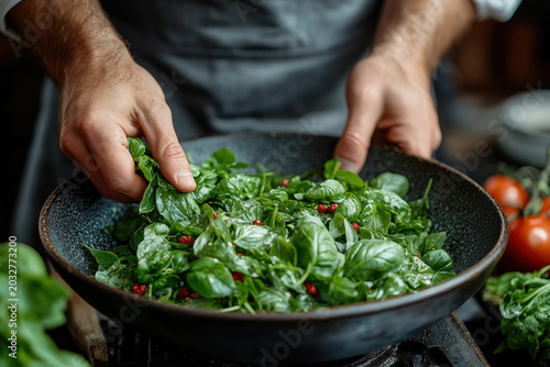 Person cooking a bowl of greens.