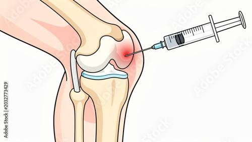 Tableau sur toile Medical illustration of knee joint injection with syringe and inflamed area for