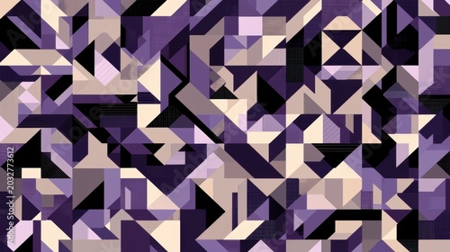 A geometric pattern of overlapping triangles in shades of purple, gray, and beige.