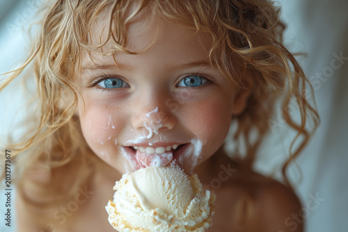 Little girl joyfully eating an ice cream.