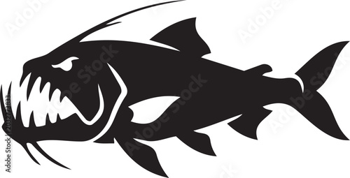 Fierce piranha fish silhouette aggressive predator illustration for sports logos and gaming icons isolated on white background
