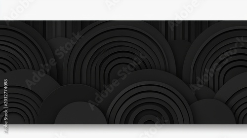 A black abstract design with concentric circles and a textured background.