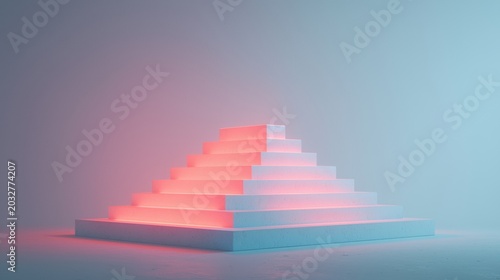 A pyramid of white blocks illuminated by pink light.