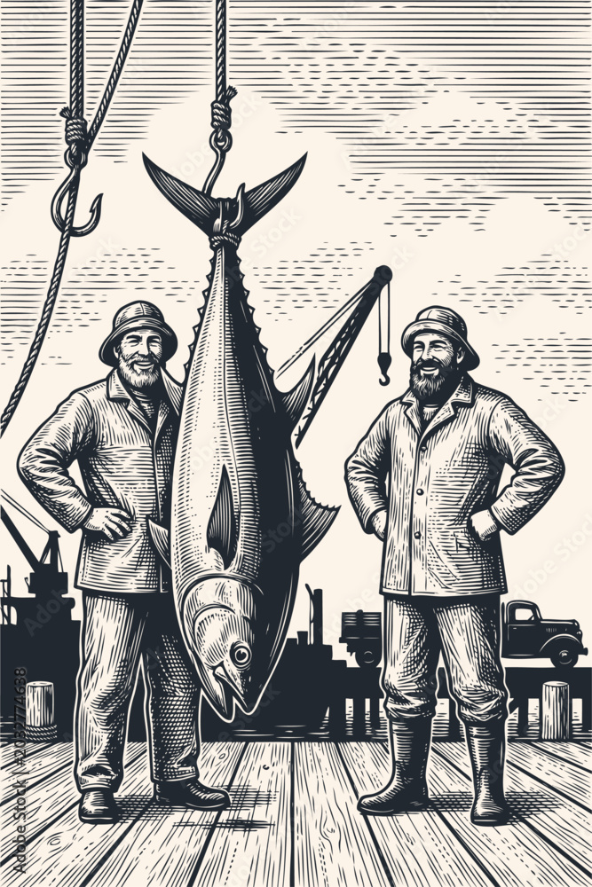 Obraz premium Vintage vector engraving illustration of two proud fishermen posing with a giant hanging tuna catch on a wooden harbor dock. Maritime industry and fishing.