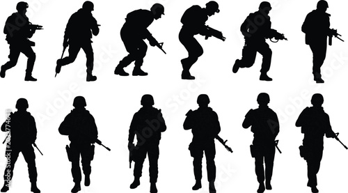 Foto Military soldier silhouette collection featuring armed tactical troops in combat