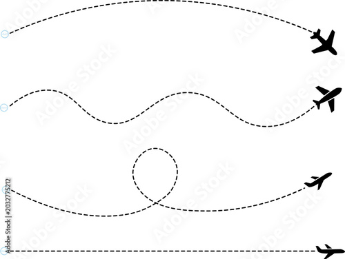 Airplane Flight Path Vector Dotted Travel Route Icon Set with Map Location Pins and Dash Line Traces 