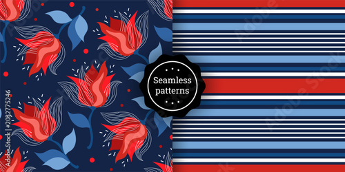 A set of seamless vector patterns with floral and striped designs. Bright, modern ornaments for fabrics, packaging, wallpaper, textiles, paper, decor, and fashion prints.
