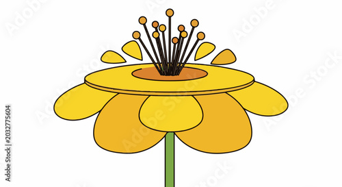 Stylized yellow flower with multiple layers of petals and stamen