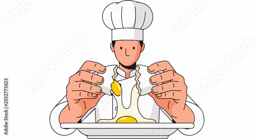 Chef cracking eggs into a plate