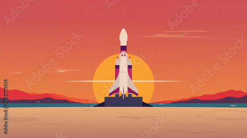Bild auf Leinwand A flat vector graphic illustration of a rocket poised on a launchpad situated on a sandy beach