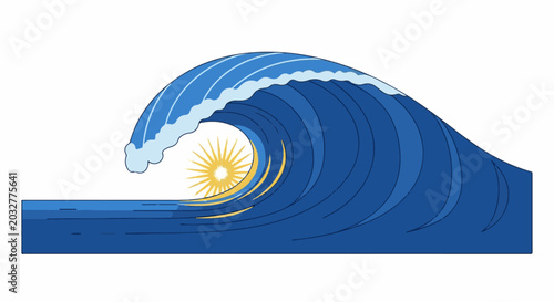A stylized sun shines through a breaking ocean wave
