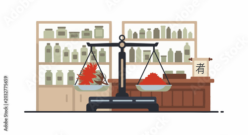 Traditional pharmacy with balance scale weighing herbs and powder