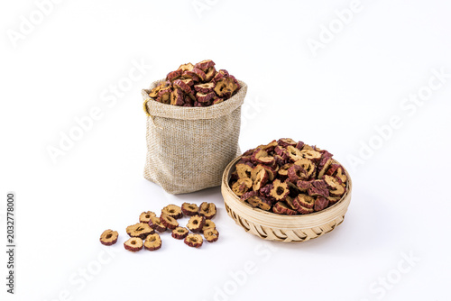 Dried Red Date Slices in Basket and Burlap Sack