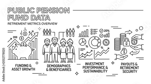 Infographic illustration of public pension fund data and retirement metrics.