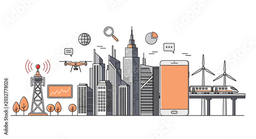Smart City Technology Concept with Digital Infrastructure and Urban Icons.