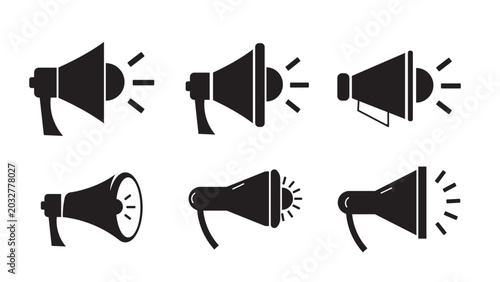 Bild auf Leinwand Megaphone Silhouettes With Sound Waves Black Flat Icons On White Background