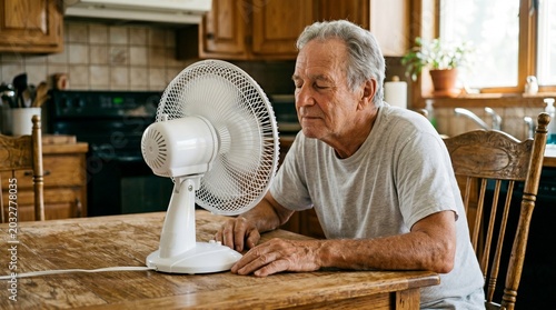Older person sitting indoors acting as an Electric Fan Sweating Man seeking relief. Great for senior health care articles and indoor cooling tips.