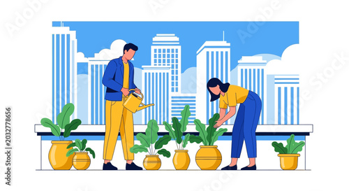 A young couple gardening together in an urban rooftop setting.