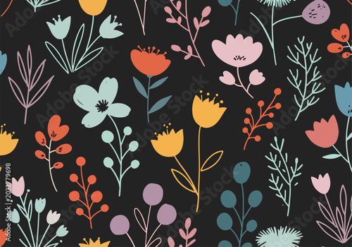 Playful botanical illustration featuring abstract flowers and leaves design