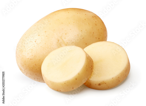 sliced raw potato isolated on white background. clipping path