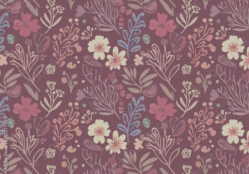 Seamless floral artwork featuring stylized plants and blooming elements